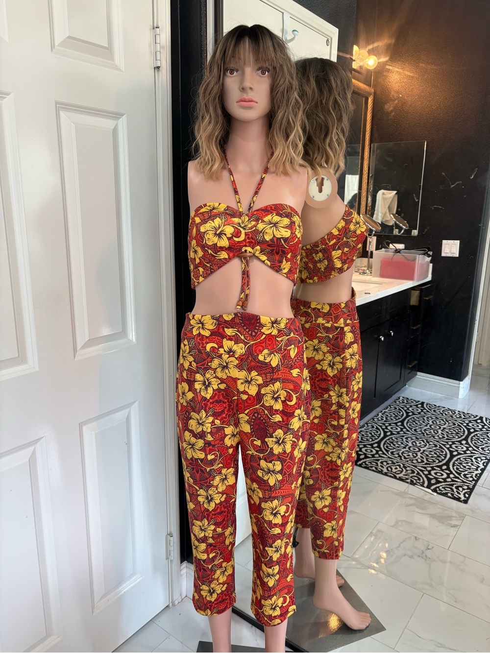 Pinup Couture rockabilly, Mimosa Red & Yellow Floral Tiki trousers top Set